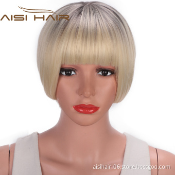 Aisi Hair Short Bob Wigs Heat Resistant Synthetic Fiber Ombre Blonde Straight Short Bob Wigs with Neat Bangs for Women